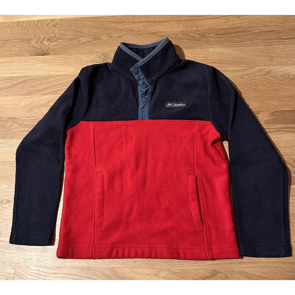 Columbia Boys Fleece Pullover Size 8 Red Blue Snap Collar 100% Polyeste